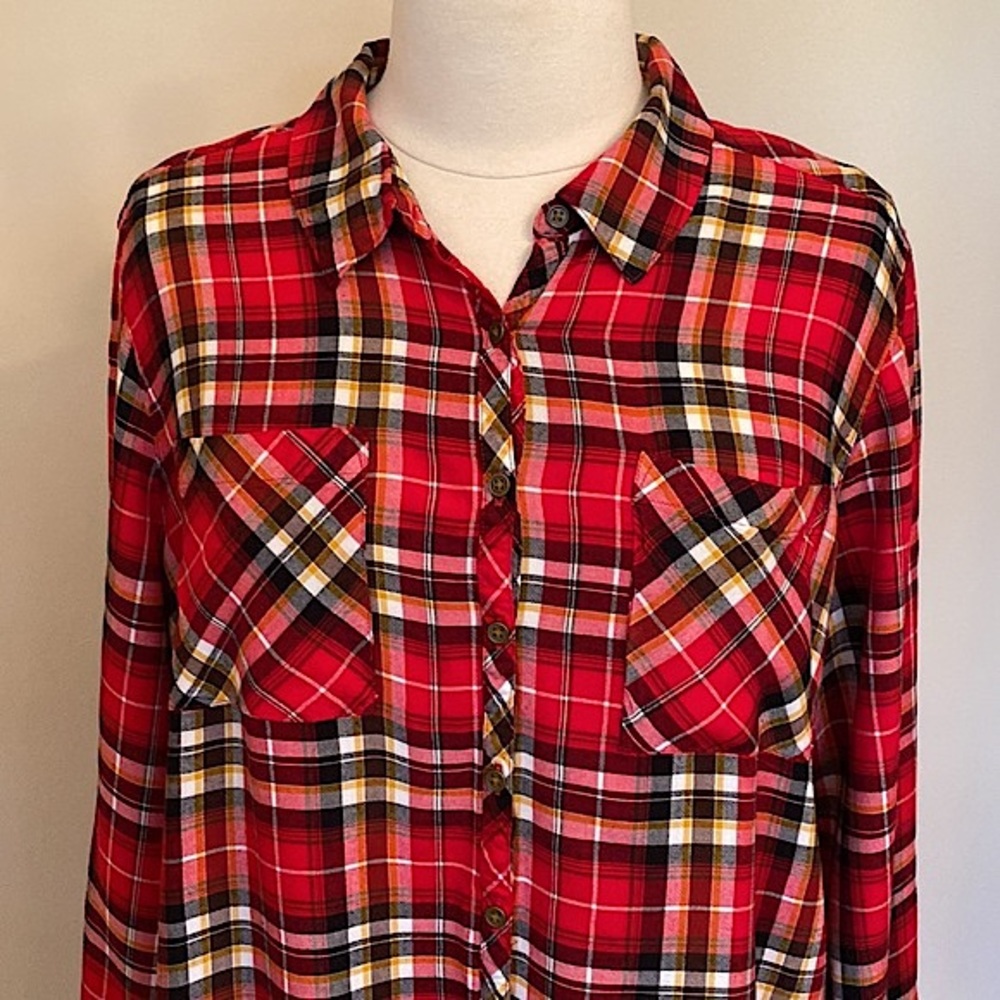 Relativity Red Plaid Button Down Collared Front P… - image 2